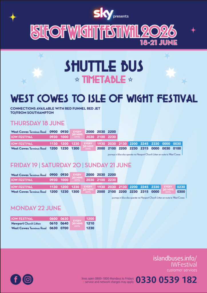 Isle of Wight Festival 2026 shuttle bus West Cowes; for high-speed Red Jet from Southampton timetable